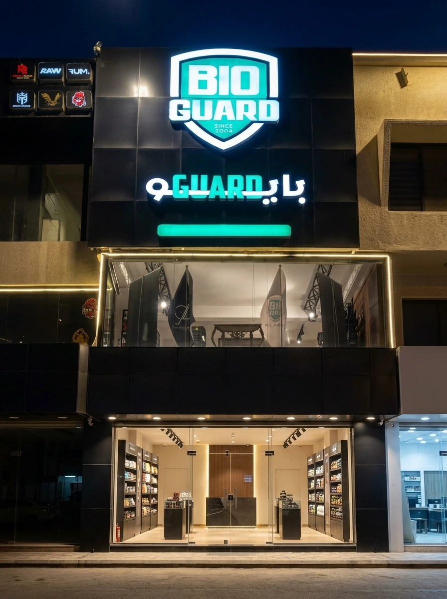 واجهة مقر بايو گارد الرئيسي في حي الجامعة ببغداد، ليلاً